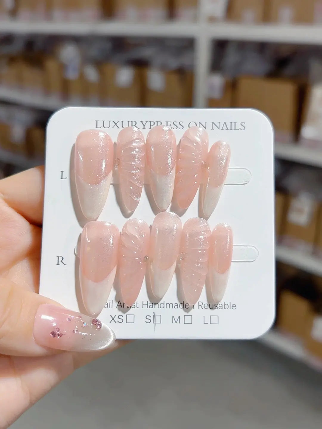 Full set of nude pink long almond handmade press on nails with 3D texture