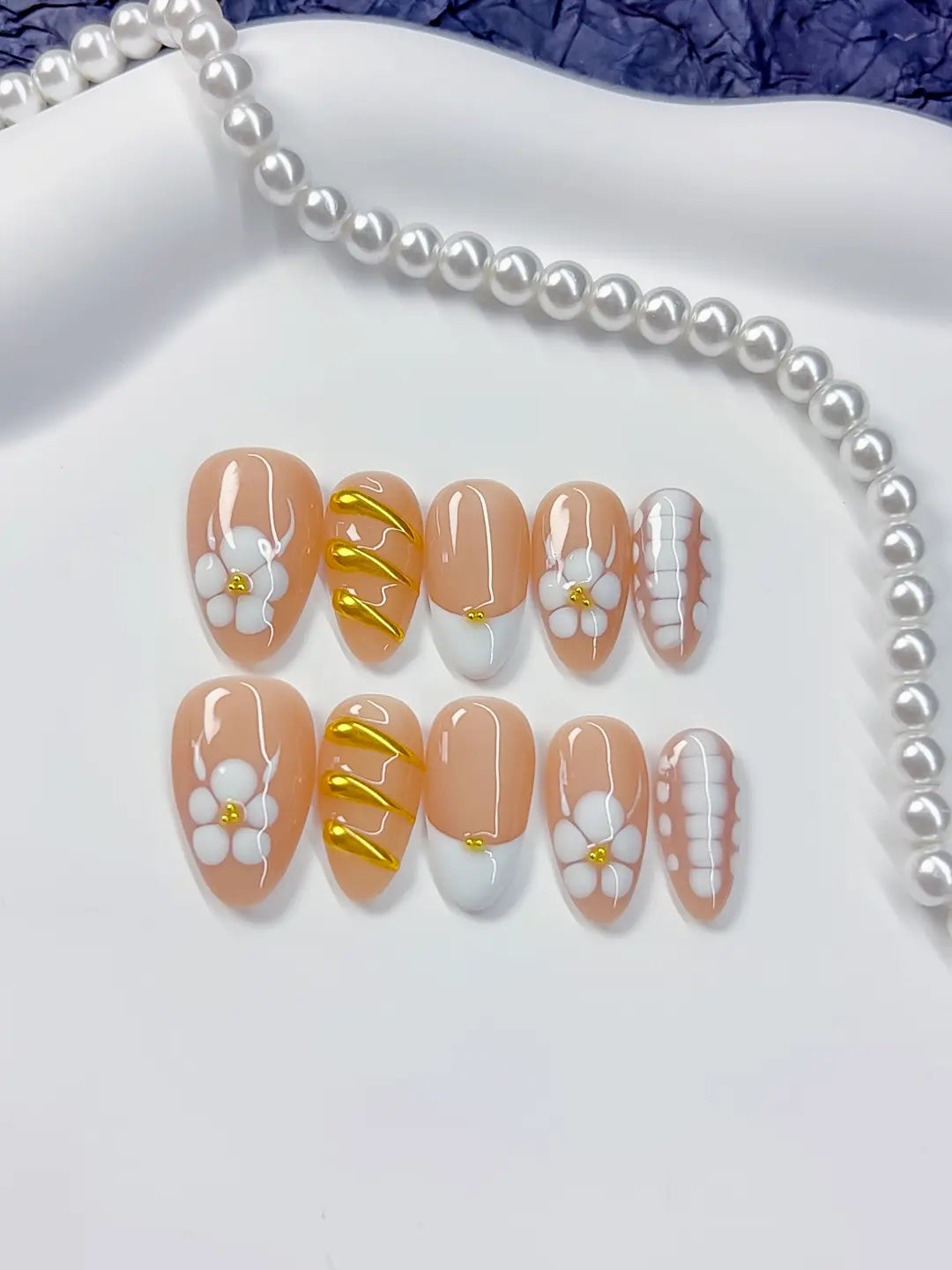 Handmade press on nails short almond nude floral and geometric mixed set