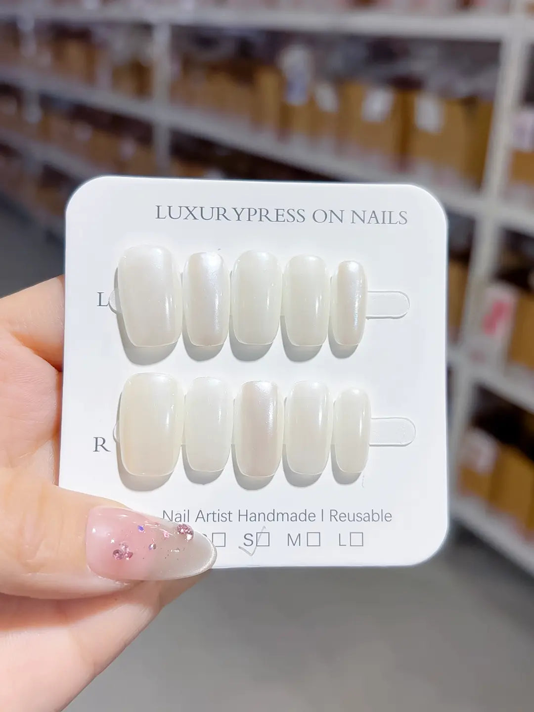full set of medium square white handmade press on nails, smooth glazed finish