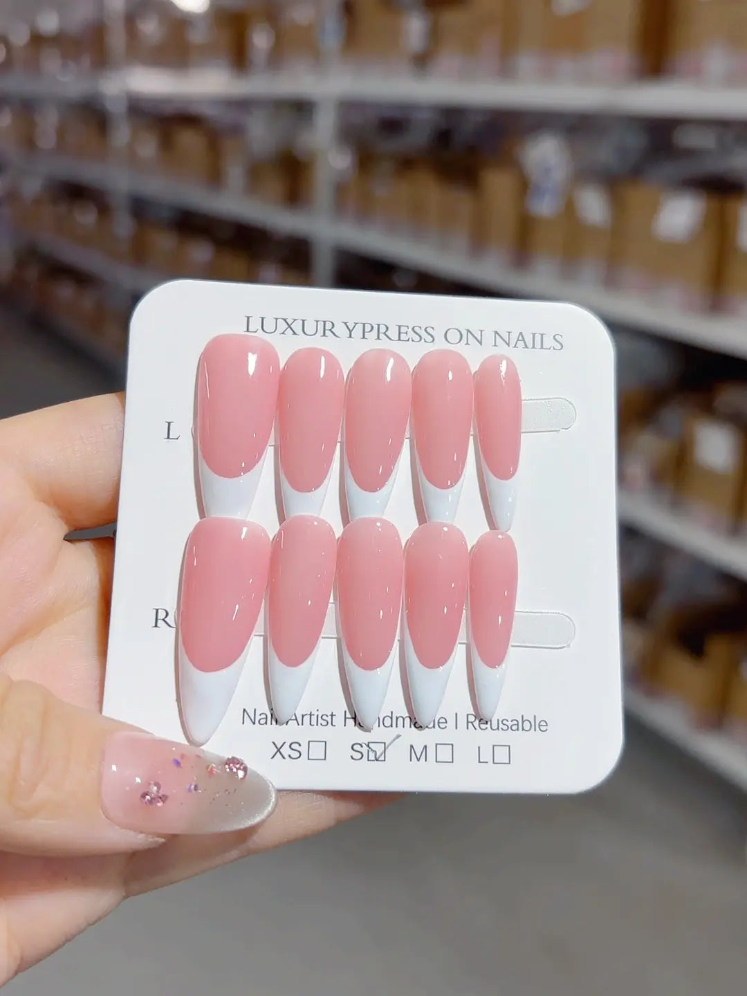 handmade press on nails long almond pink white french design, front view