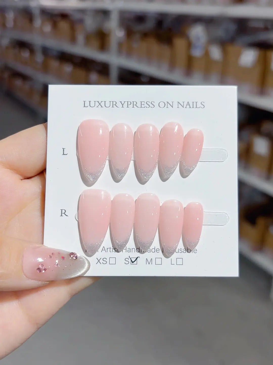 handmade press on nails medium almond soft pink french glitter full set
