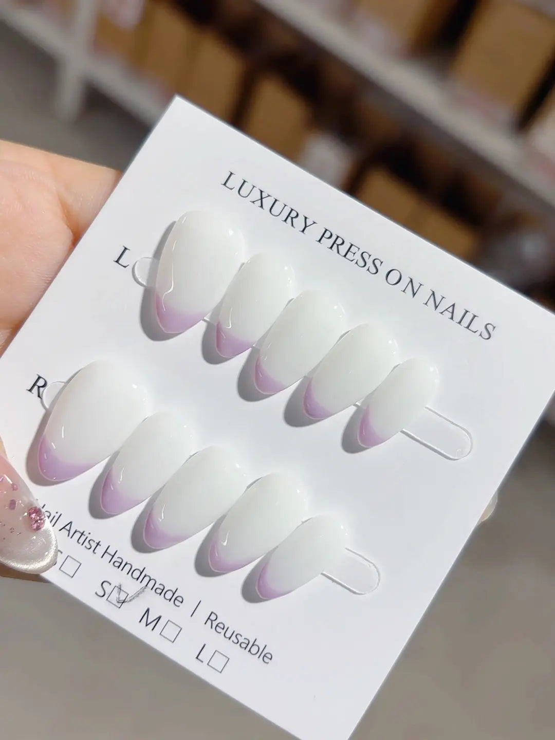 handmade press on nails short almond purple french tips, centerpiece view
