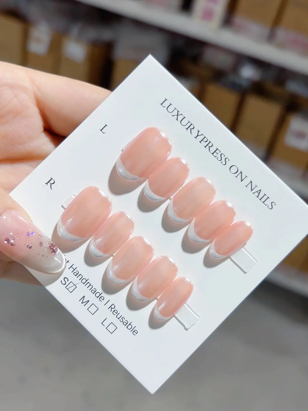 handmade press on nails, short oval glossy French pink white set
