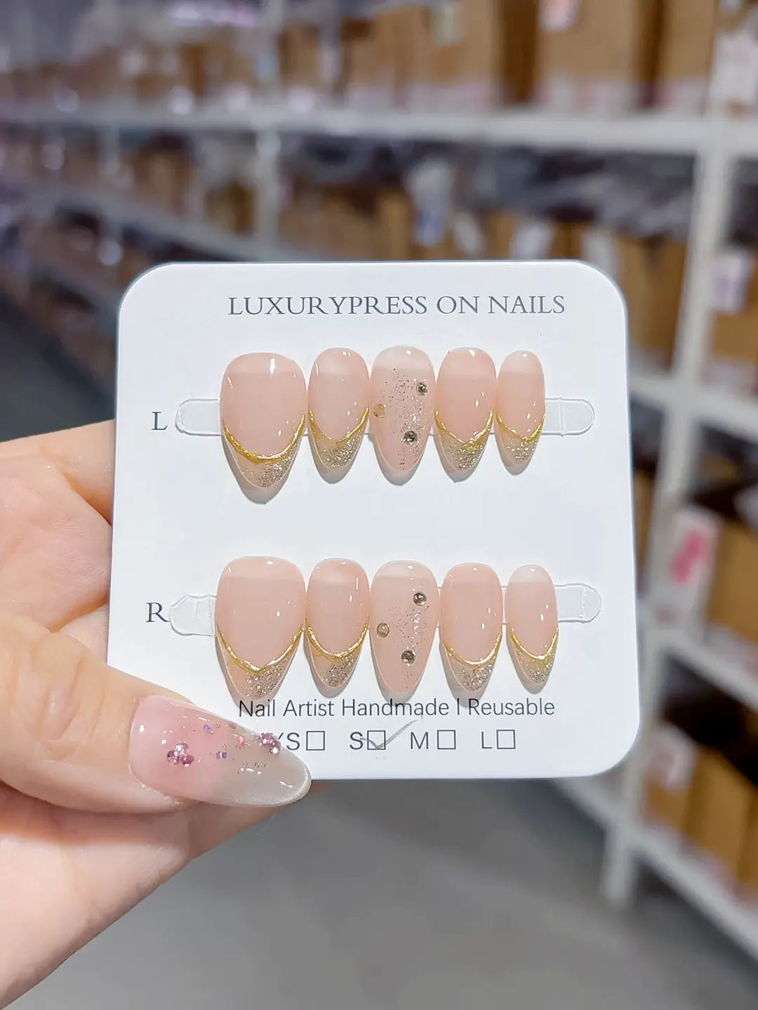 short almond nude with gold french and rhinestones, handmade press on nails centerpiece
