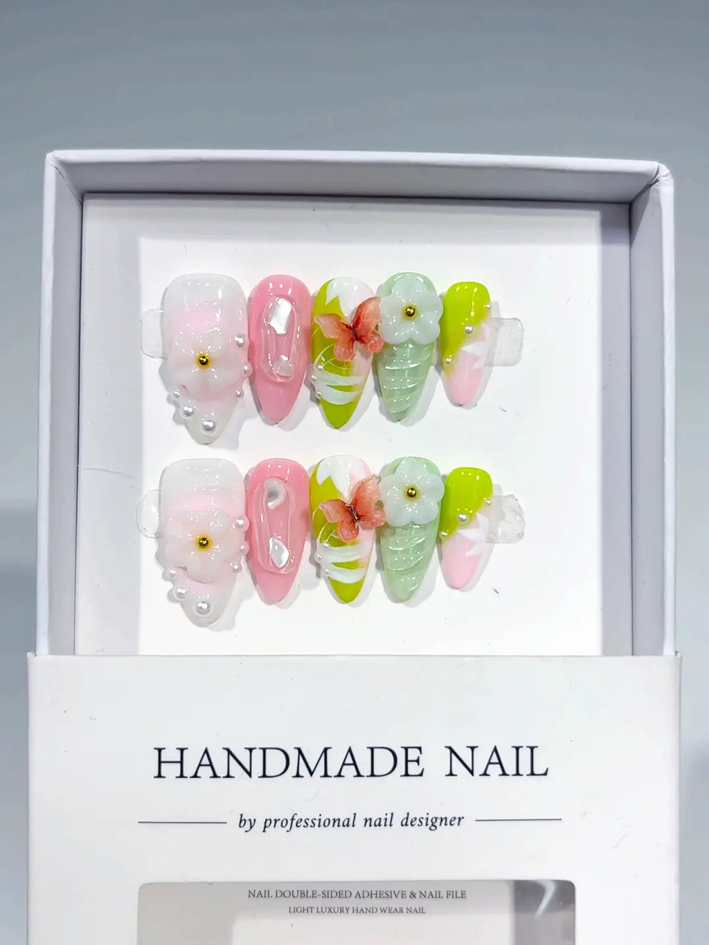D429 - Medium Nude Blue Almond French tip Flower Bow