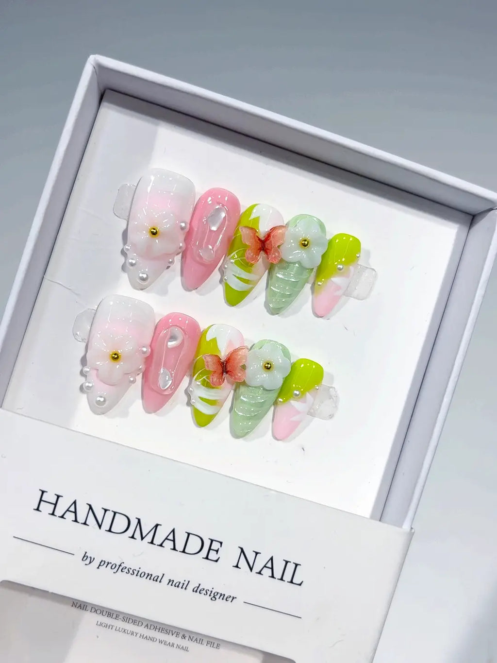 D429 - Medium Nude Blue Almond French tip Flower Bow