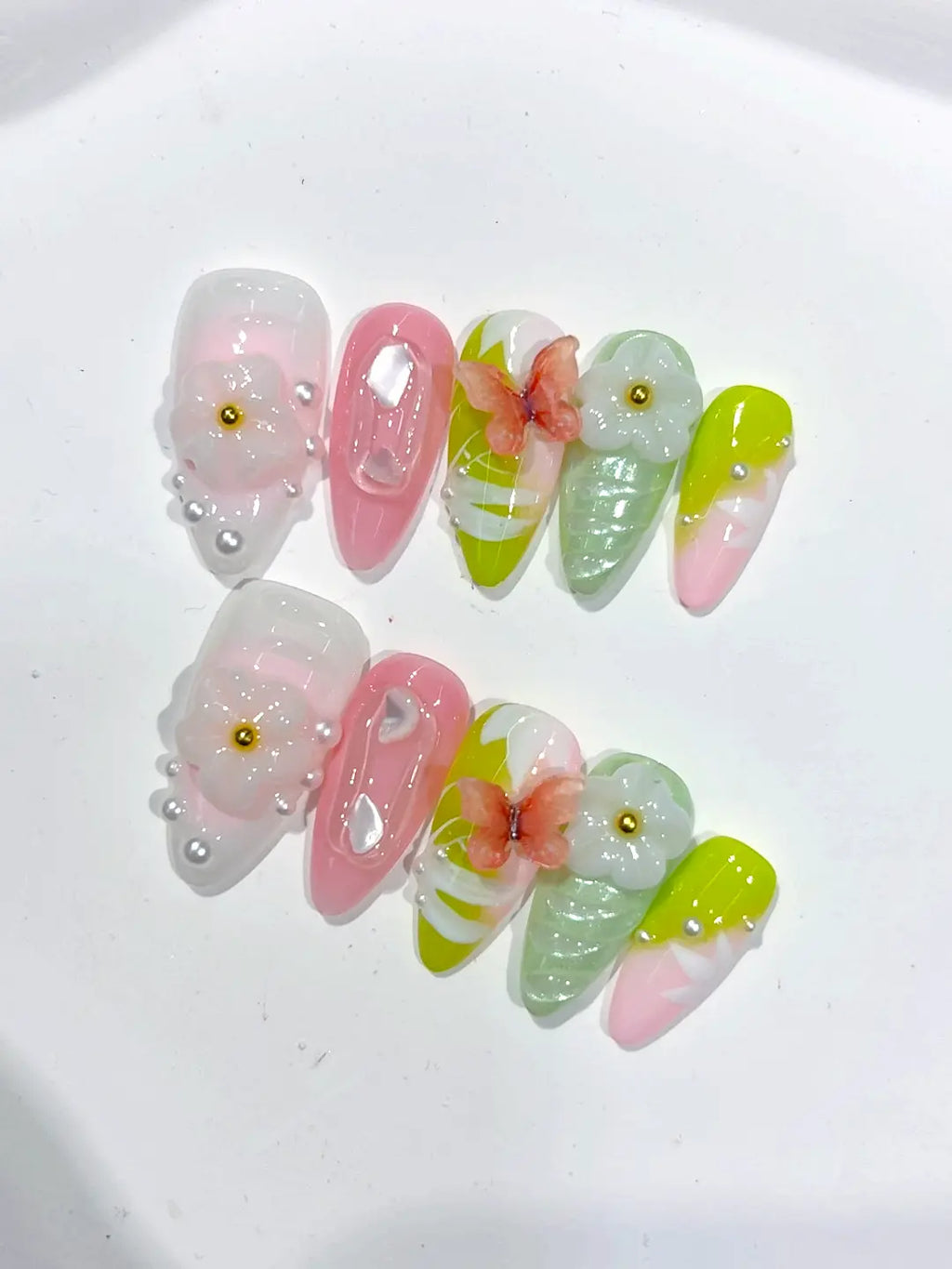D429 - Medium Nude Blue Almond French tip Flower Bow