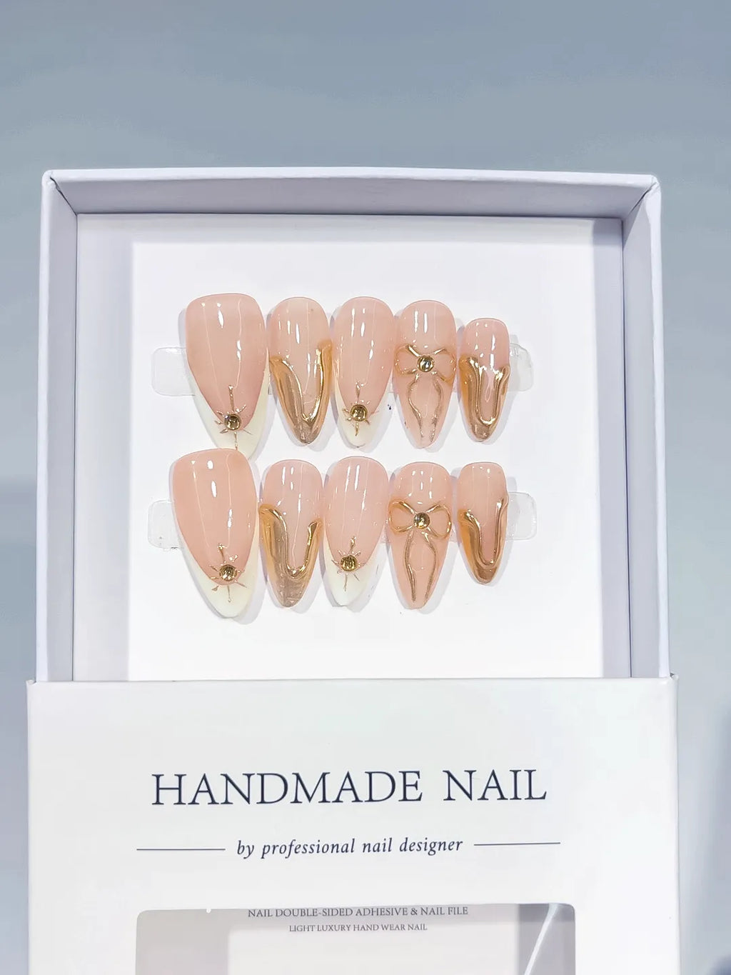 Nude White Gold Metallic Star Gold Swirl press on nails full set view