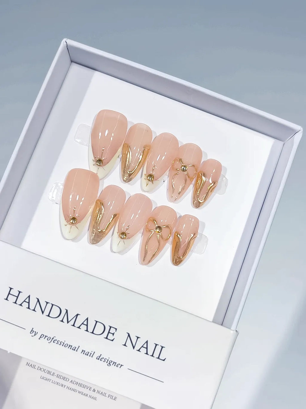 Nude White Gold Metallic Star Gold Swirl press on nails