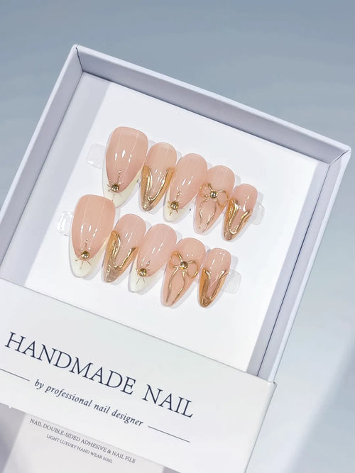 Nude White Gold Metallic Star Gold Swirl press on nails