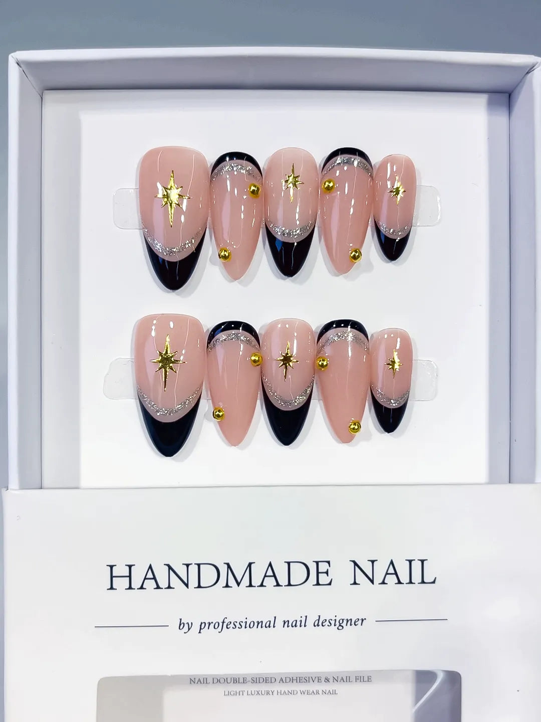 Nude Black Gold French tip Star Gold Stud press on nails full set view