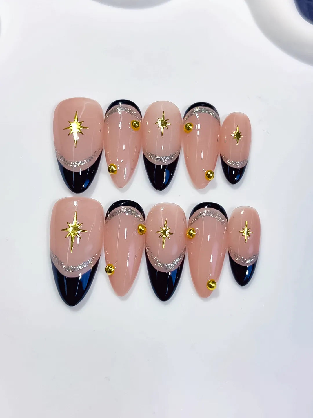 Nude Black Gold French tip Star Gold Stud press on nails close up