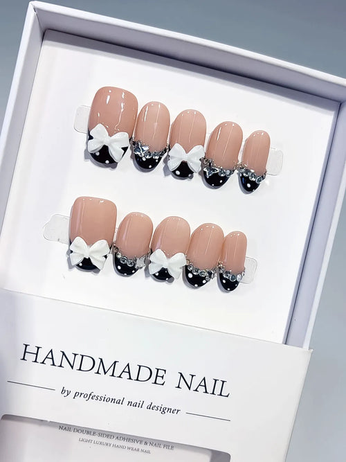 Nude Black White French tip Bow Rhinestone press on nails