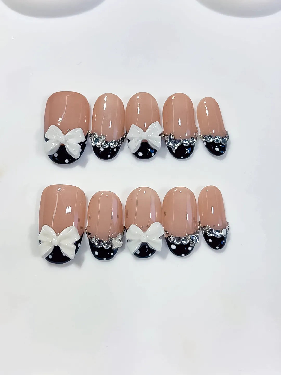 Nude Black White French tip Bow Rhinestone press on nails detail view