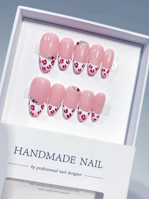 Pink White French tip Animal Print Rhinestone press on nails