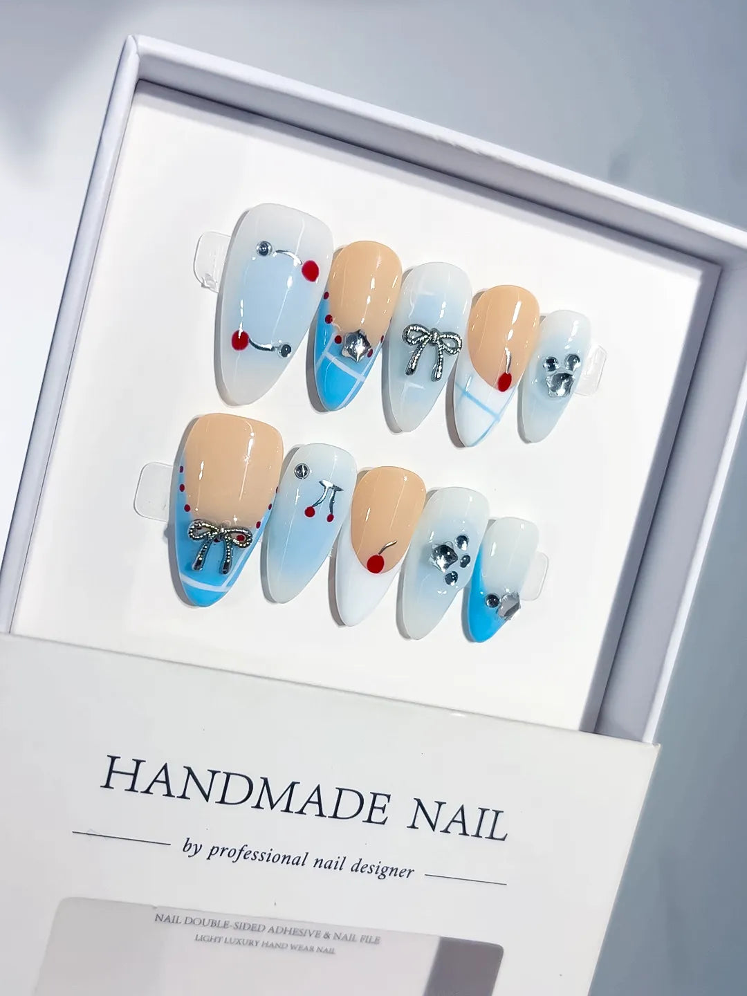 Nude Blue White French tip Bow Heart Cherry Rhinestone press on nails