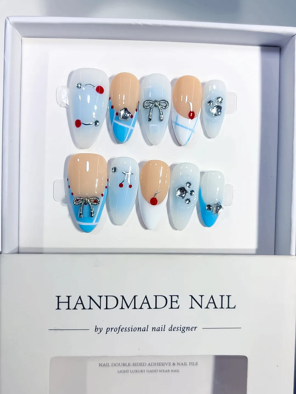 Nude Blue White French tip Bow Heart Cherry Rhinestone press on nails detail view