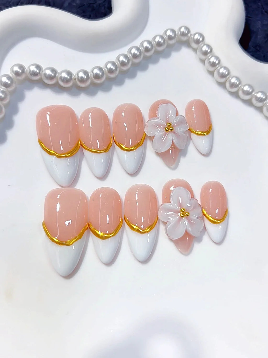 C456 - Medium Nude Gold Almond French Tip 3D Flowers - view 4