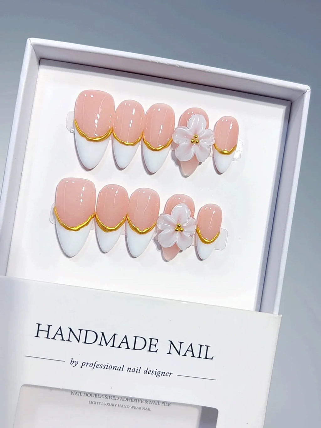 C456 - Medium Nude Gold Almond French Tip 3D Flowers - view 5