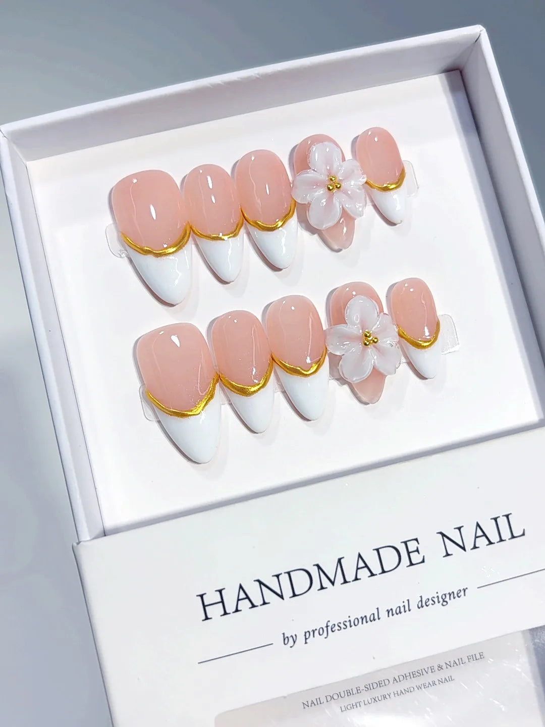 C456 - Medium Nude Gold Almond French Tip 3D Flowers - view 2