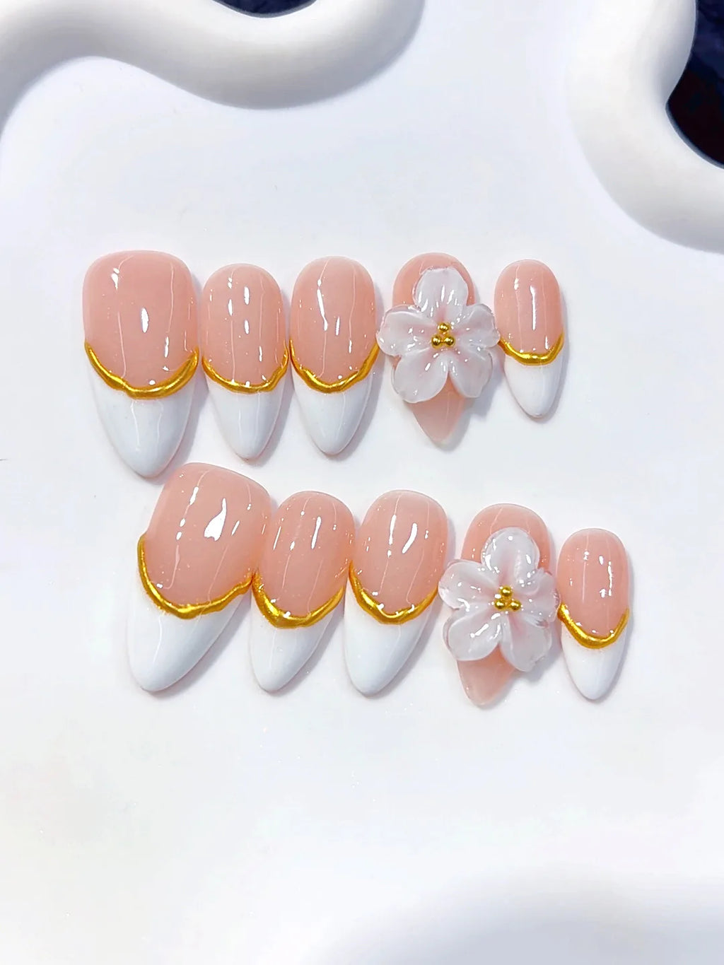 C456 - Medium Nude Gold Almond French Tip 3D Flowers - view 6