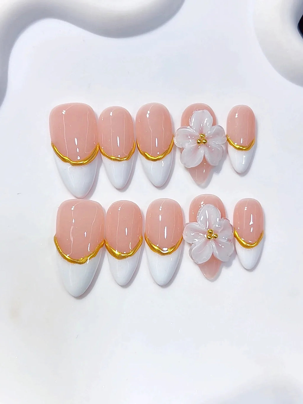 C456 - Medium Nude Gold Almond French Tip 3D Flowers - view 7