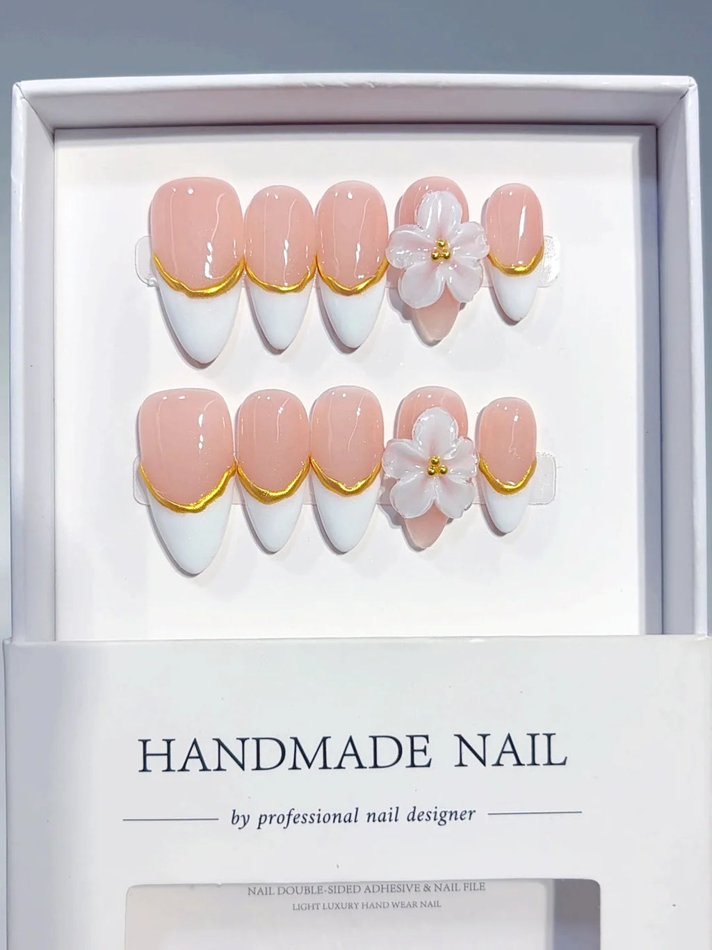 C456 - Medium Nude Gold Almond French Tip 3D Flowers - view 1