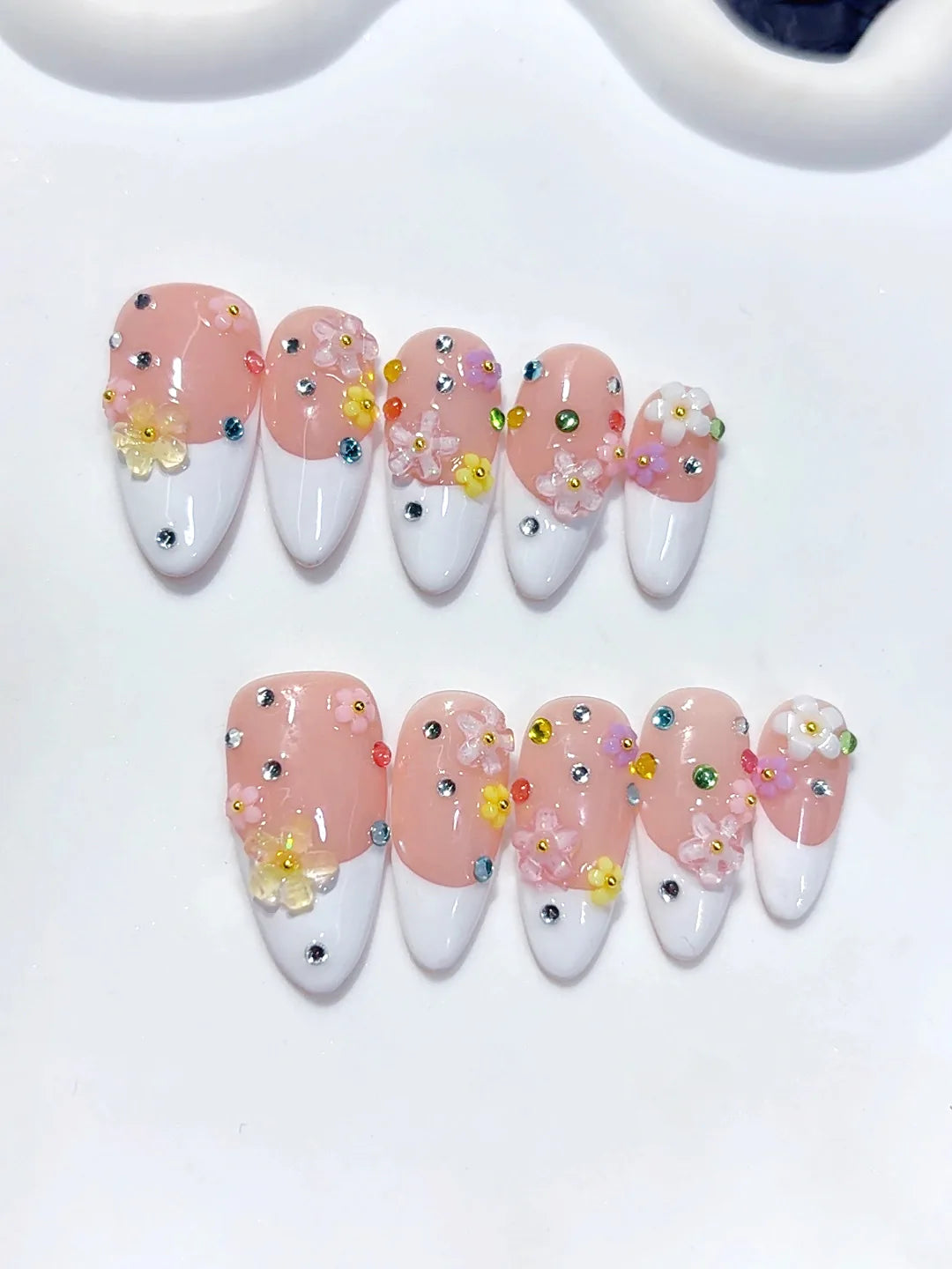C457 - Medium Nude Pink Almond French Tip Multicolor Rhinestones - view 4