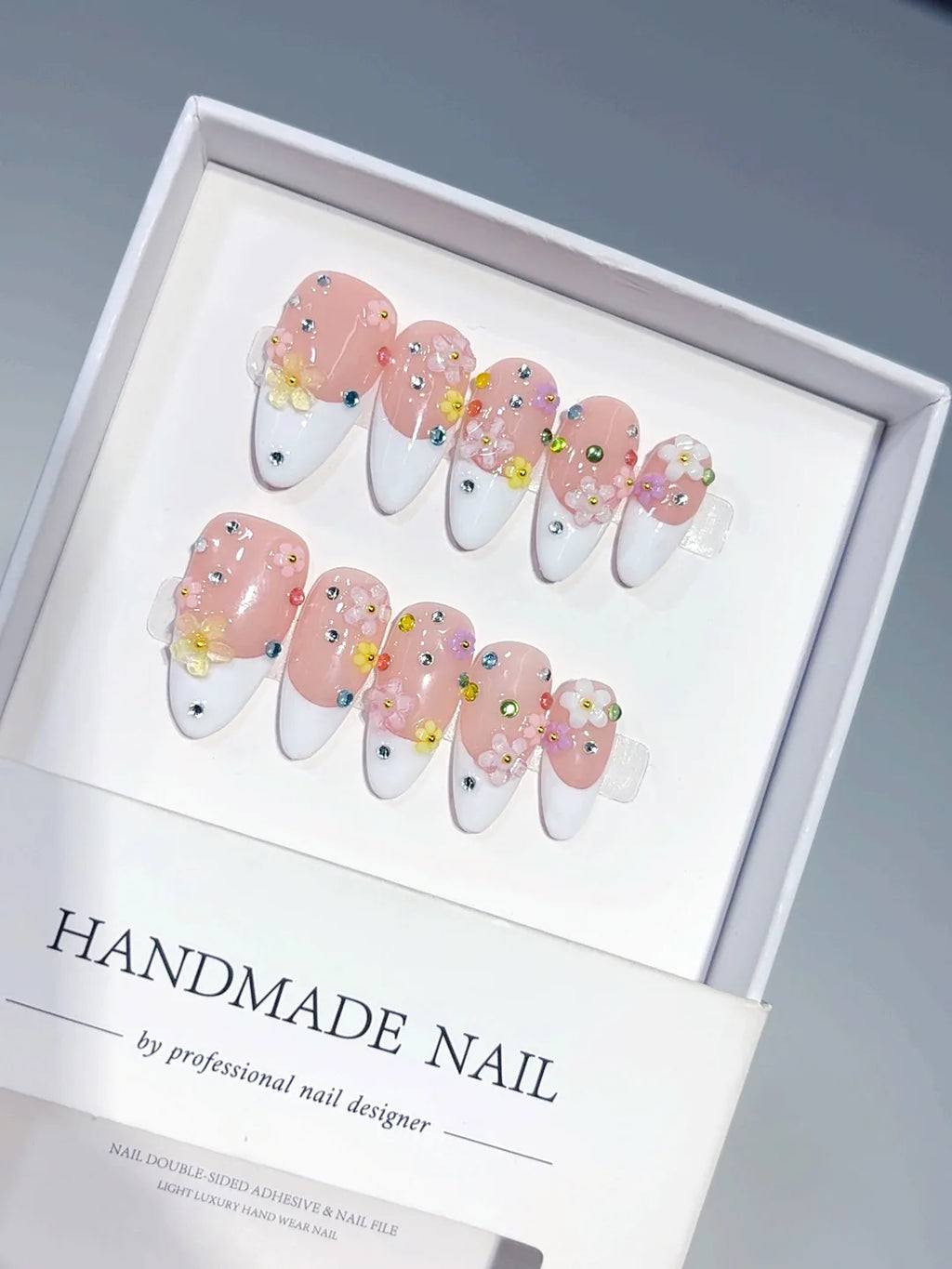C457 - Medium Nude Pink Almond French Tip Multicolor Rhinestones - view 5