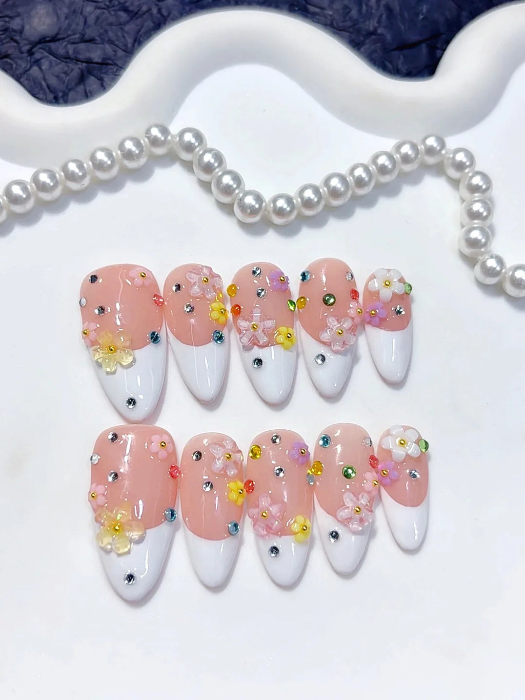 C457 - Medium Nude Pink Almond French Tip Multicolor Rhinestones - view 2