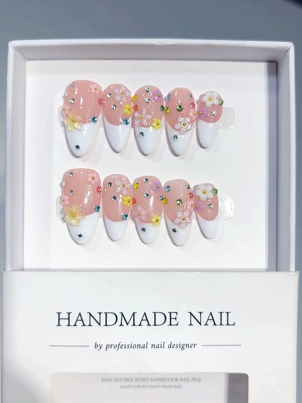 C457 - Medium Nude Pink Almond French Tip Multicolor Rhinestones - view 6