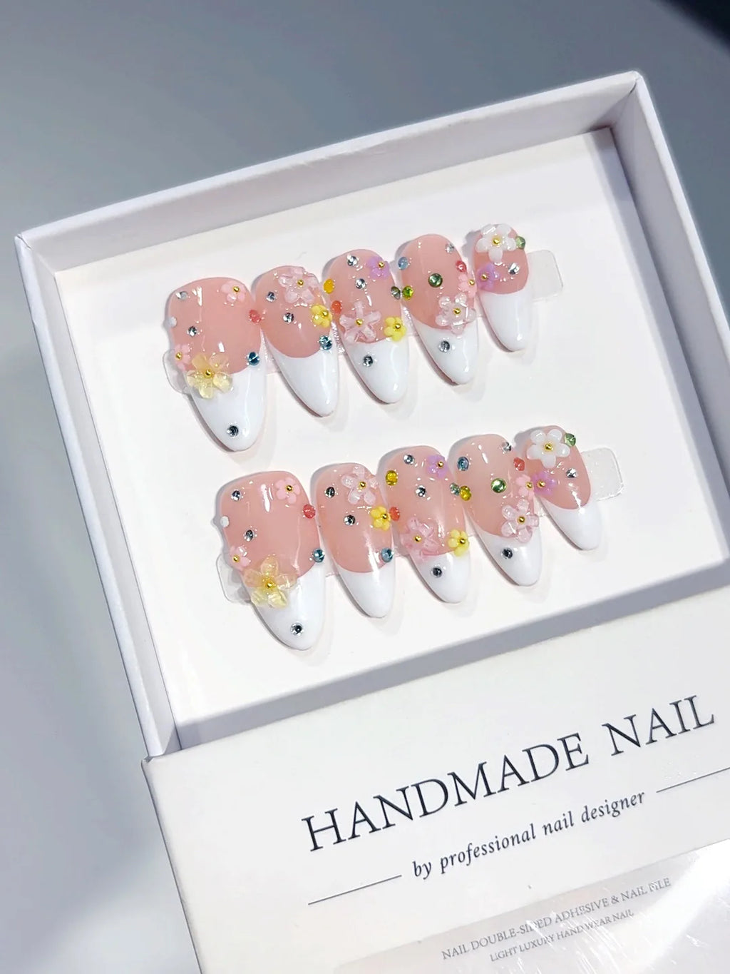 C457 - Medium Nude Pink Almond French Tip Multicolor Rhinestones - view 7