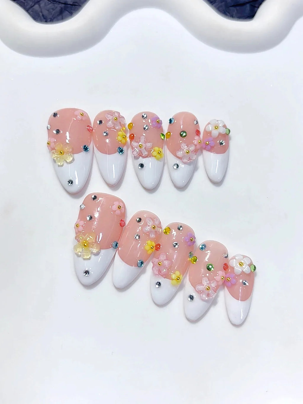 C457 - Medium Nude Pink Almond French Tip Multicolor Rhinestones - view 3