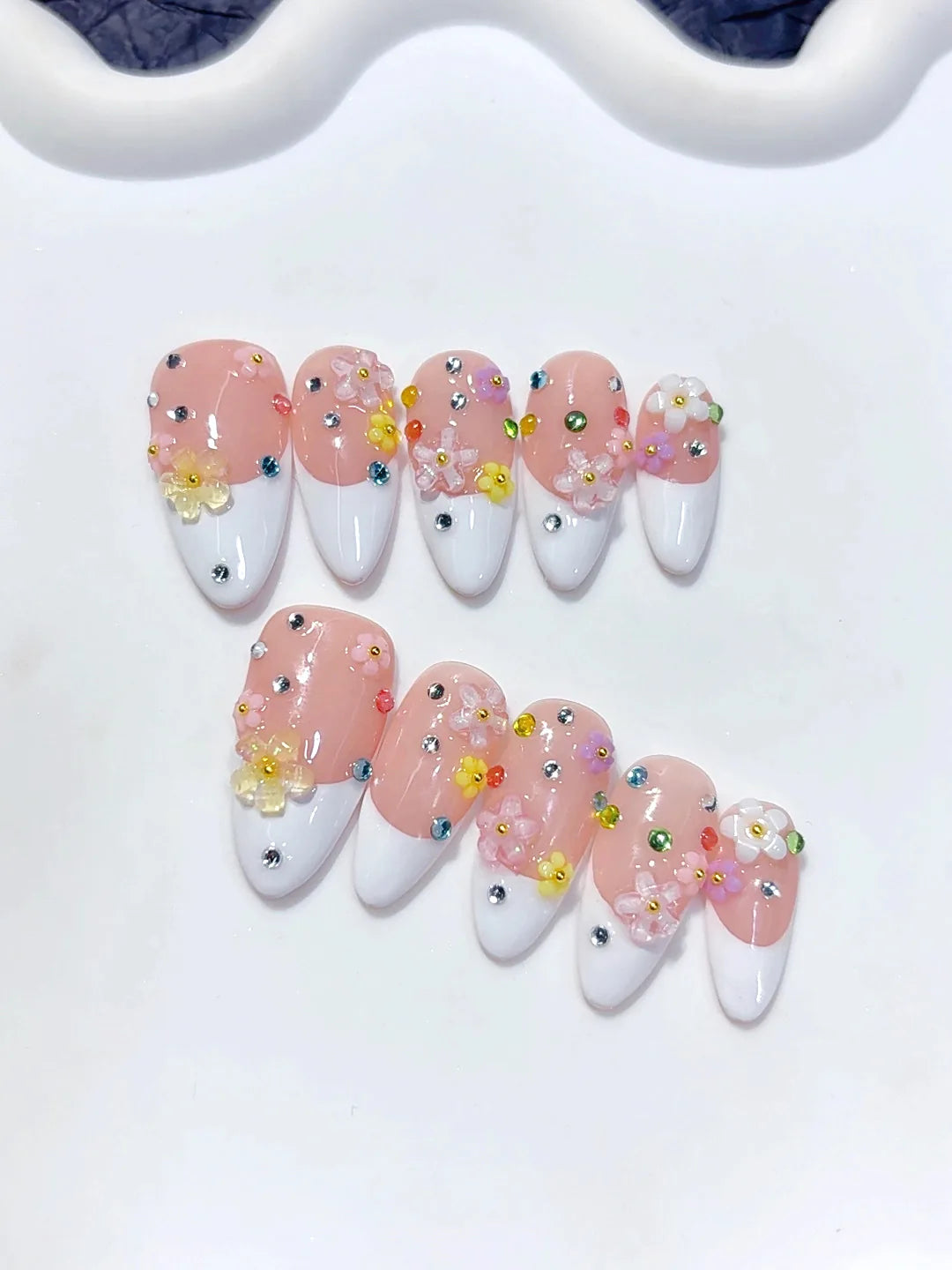 C457 - Medium Nude Pink Almond French Tip Multicolor Rhinestones - view 3
