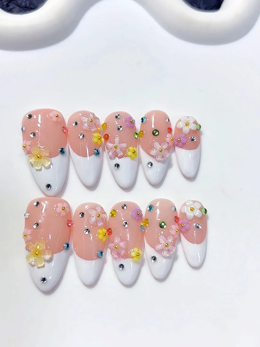 C457 - Medium Nude Pink Almond French Tip Multicolor Rhinestones - view 1