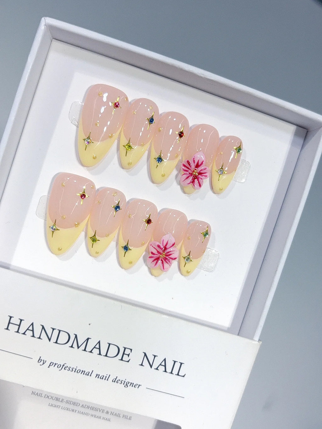 C458 - Medium Nude Yellow Almond French Tip 3D Flowers - view 2