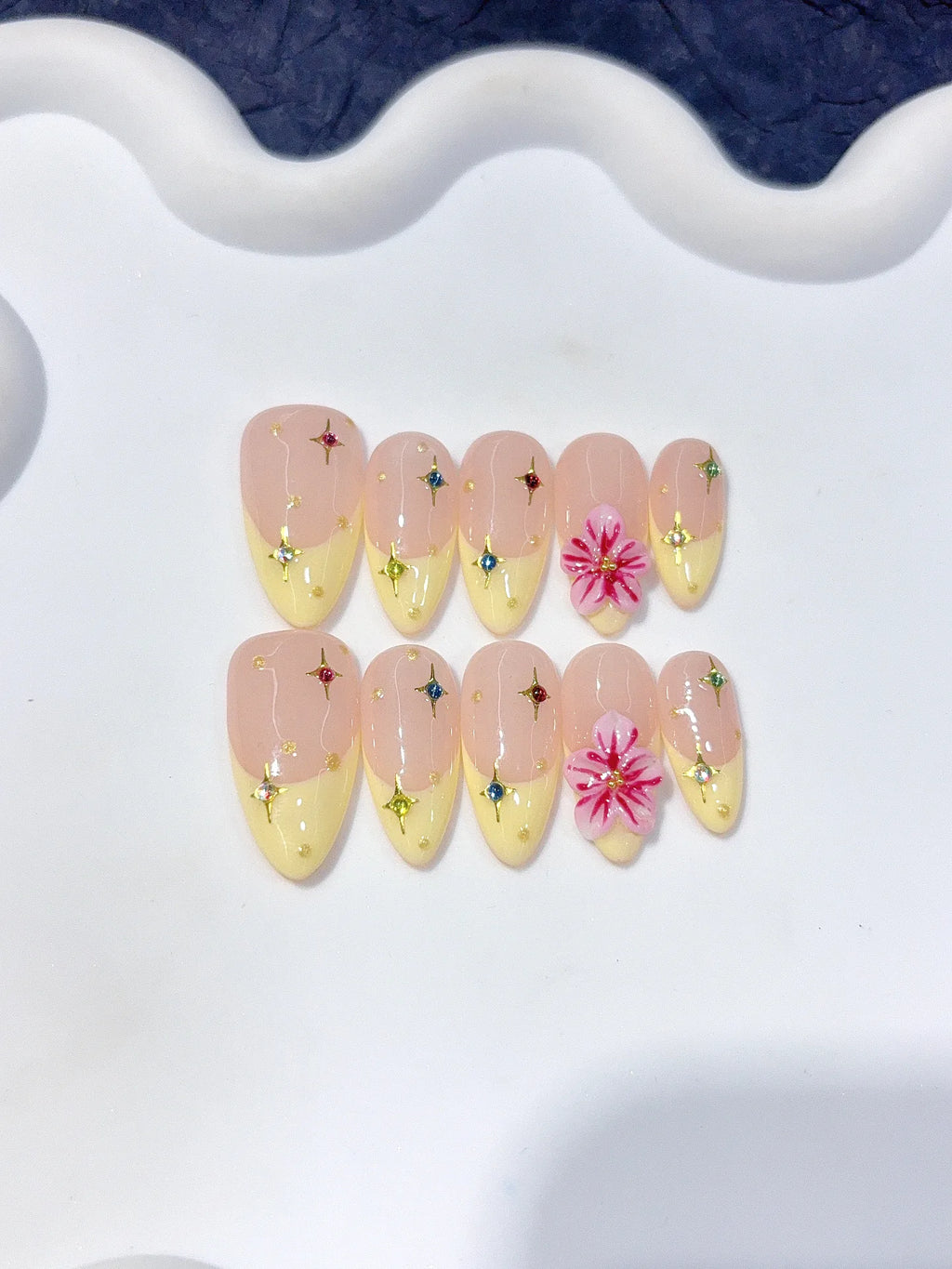 C458 - Medium Nude Yellow Almond French Tip 3D Flowers - view 1
