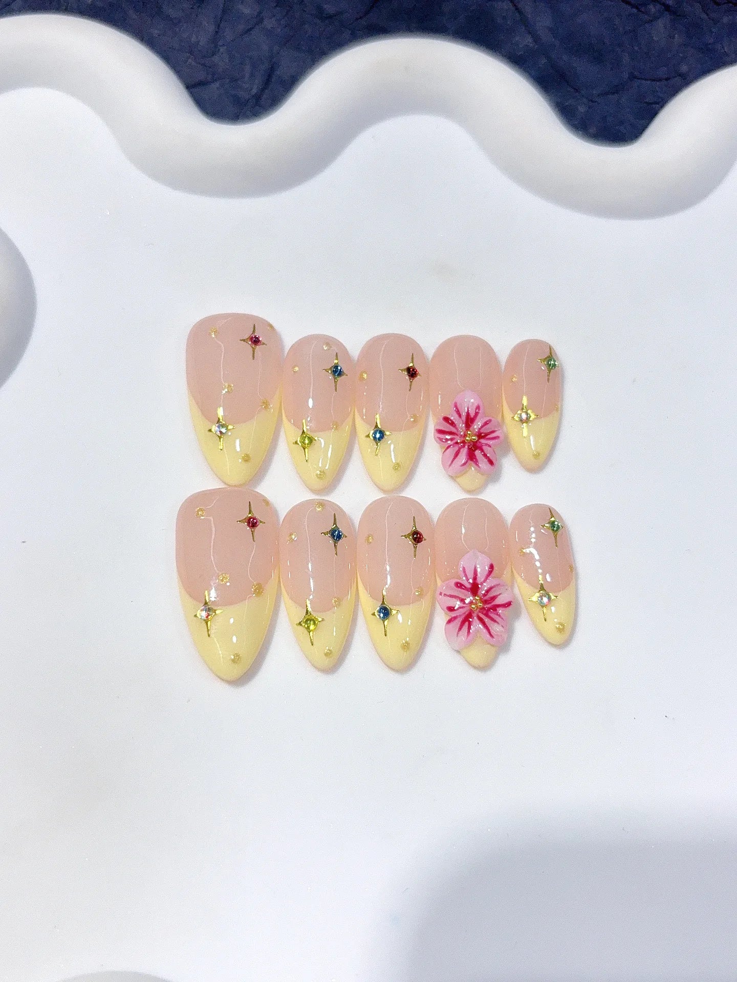 C458 - Medium Nude Yellow Almond French Tip 3D Flowers - view 1