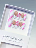 White Pink Nude Ombre Flower Rhinestone press on nails