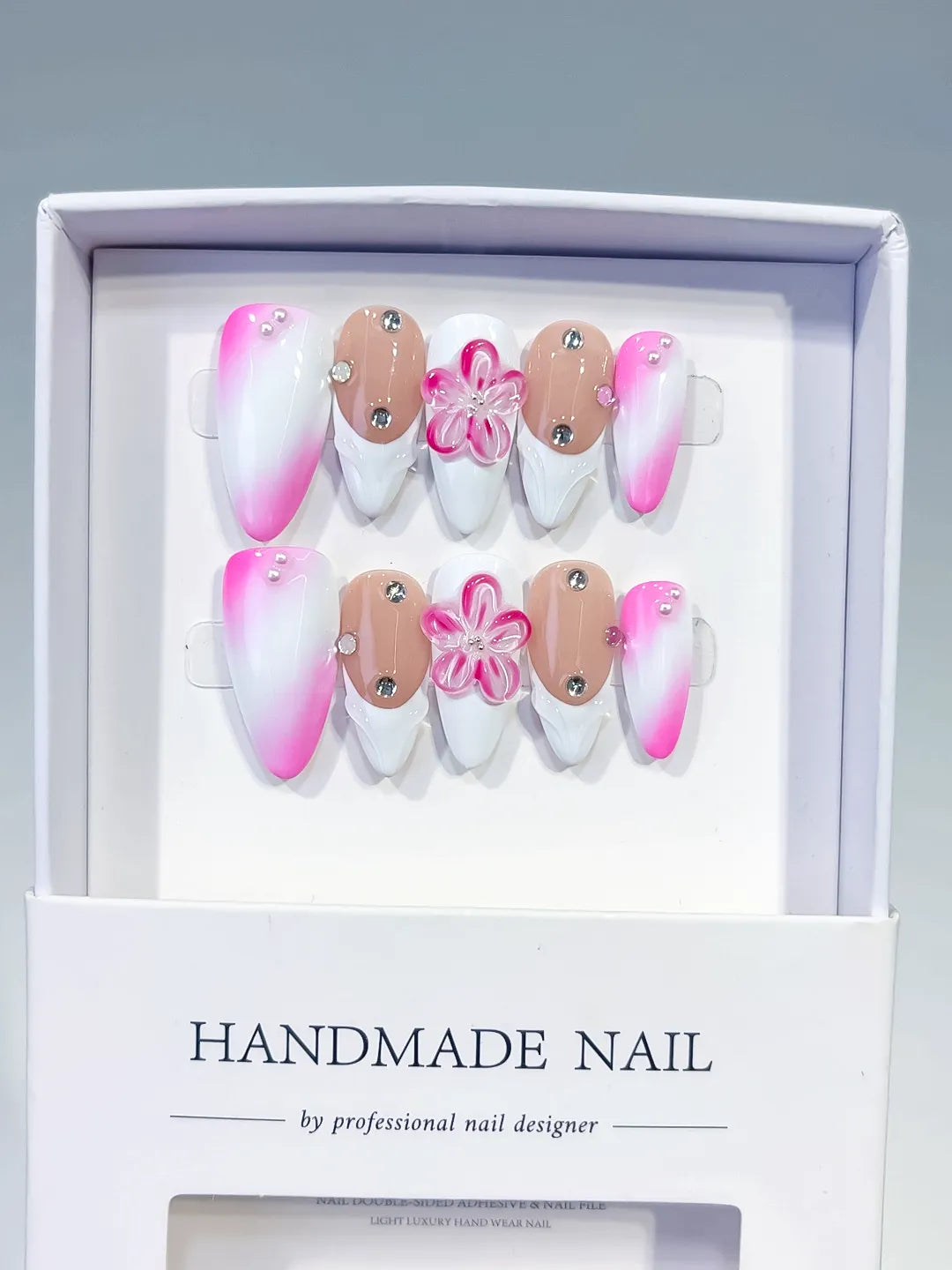 White Pink Nude Ombre Flower Rhinestone press on nails full set view