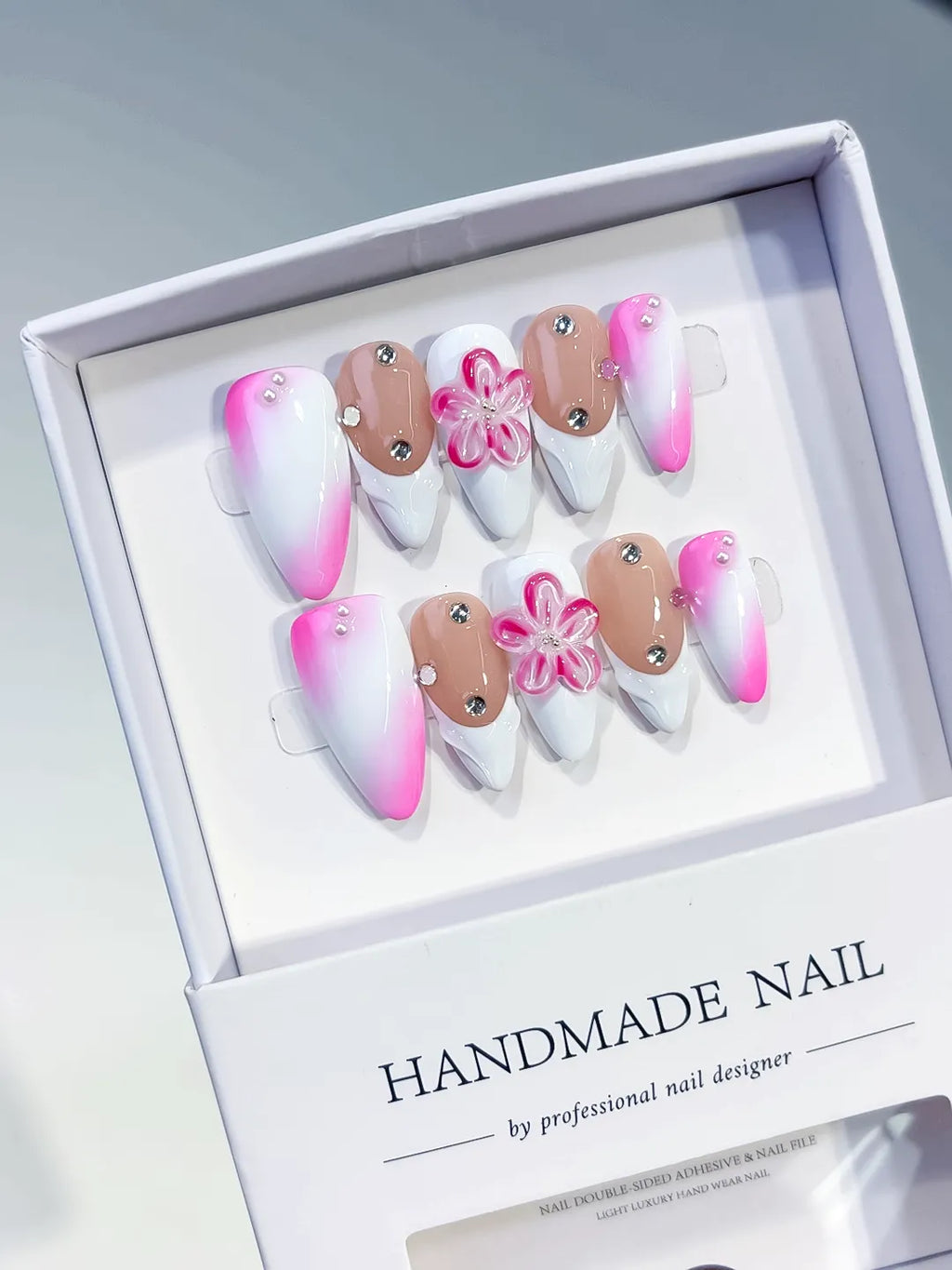 White Pink Nude Ombre Flower Rhinestone press on nails angled view
