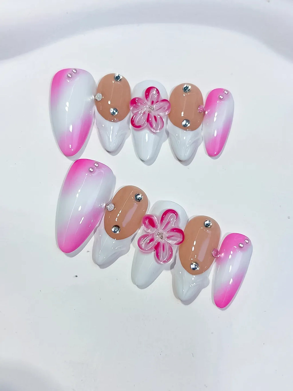 White Pink Nude Ombre Flower Rhinestone press on nails detail view