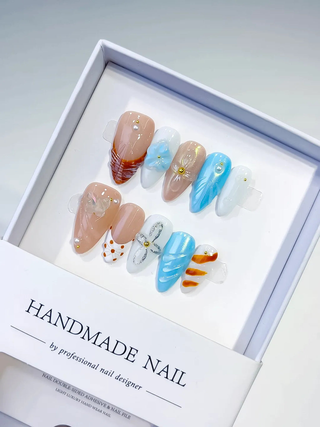 Nude Blue White Orange Abstract Bow Dot Pattern Flower press on nails