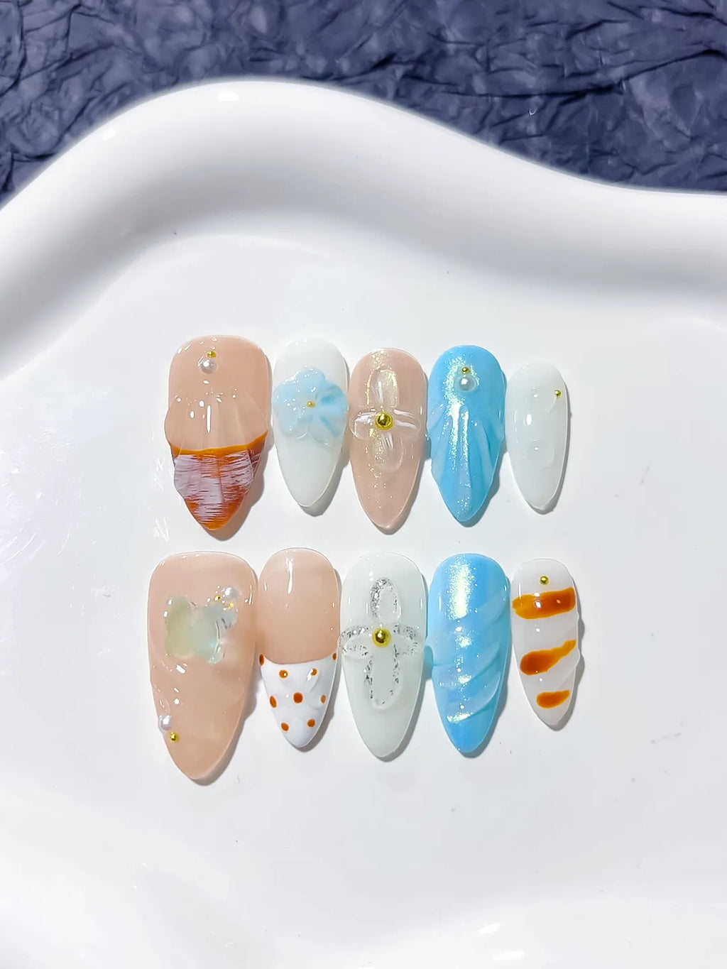 Nude Blue White Orange Abstract Bow Dot Pattern Flower press on nails detail view
