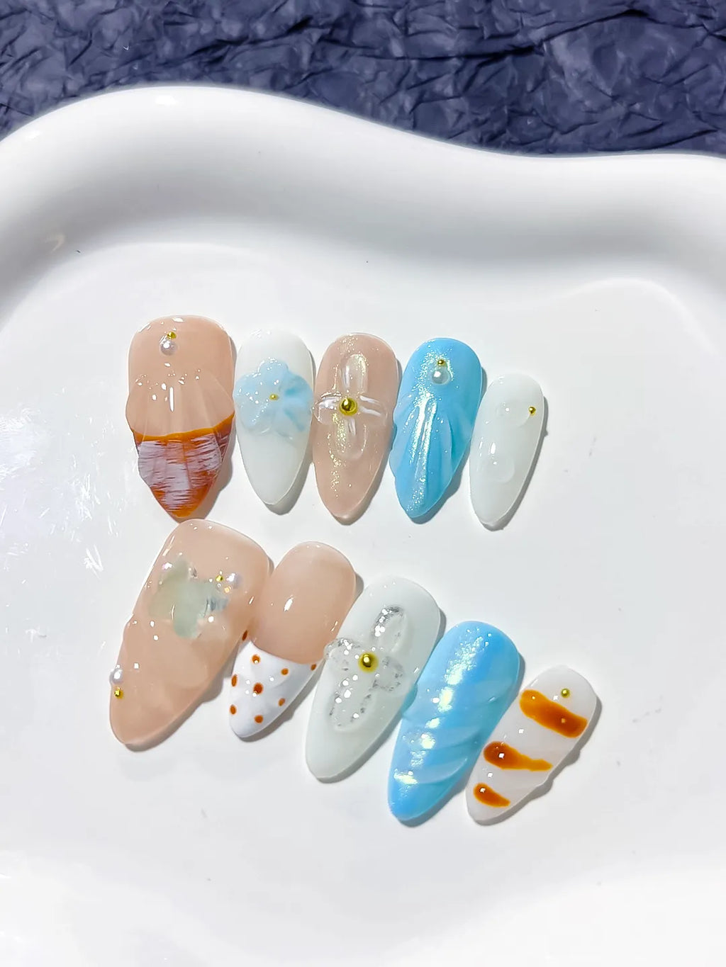 Nude Blue White Orange Abstract Bow Dot Pattern Flower press on nails detail view