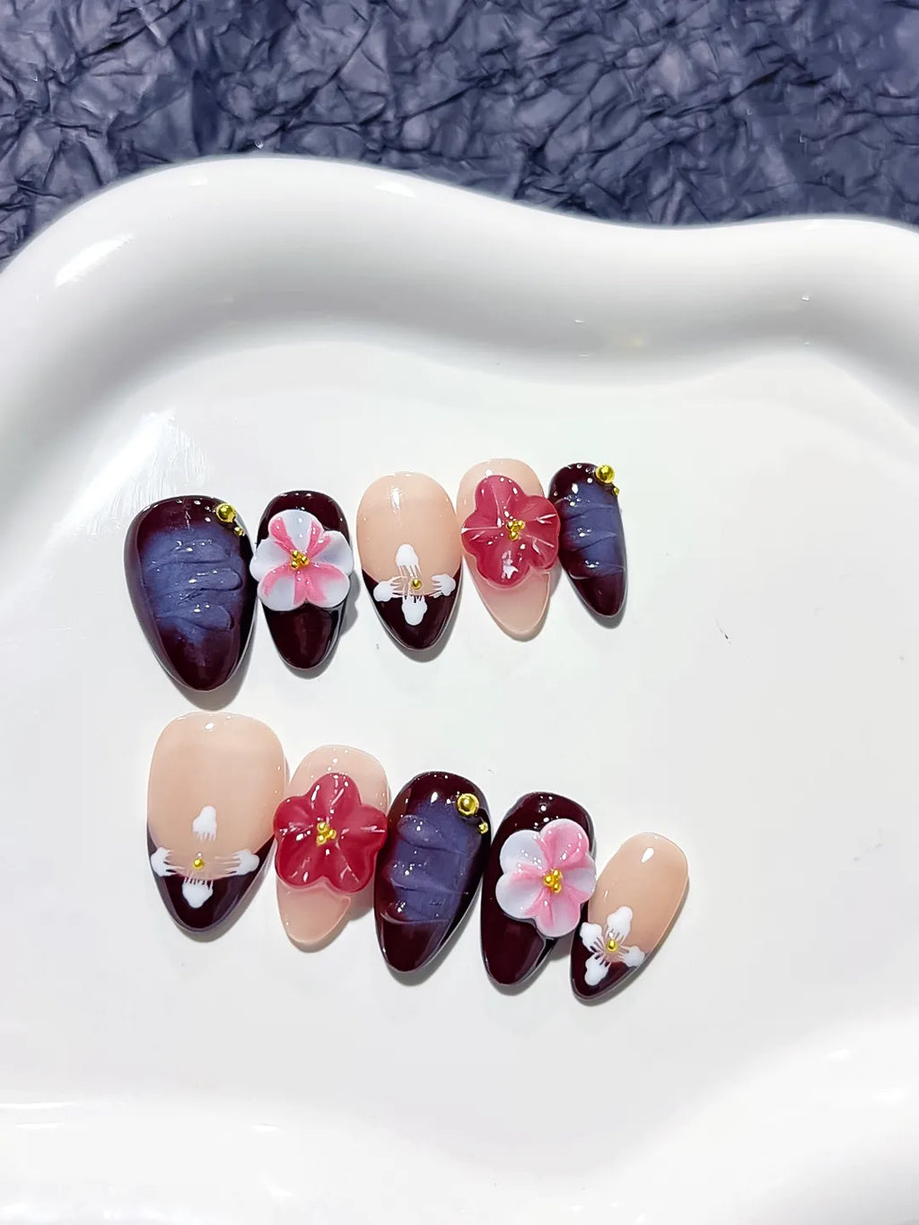 Nude Red Pink Floral Flower Gold Stud press on nails close up
