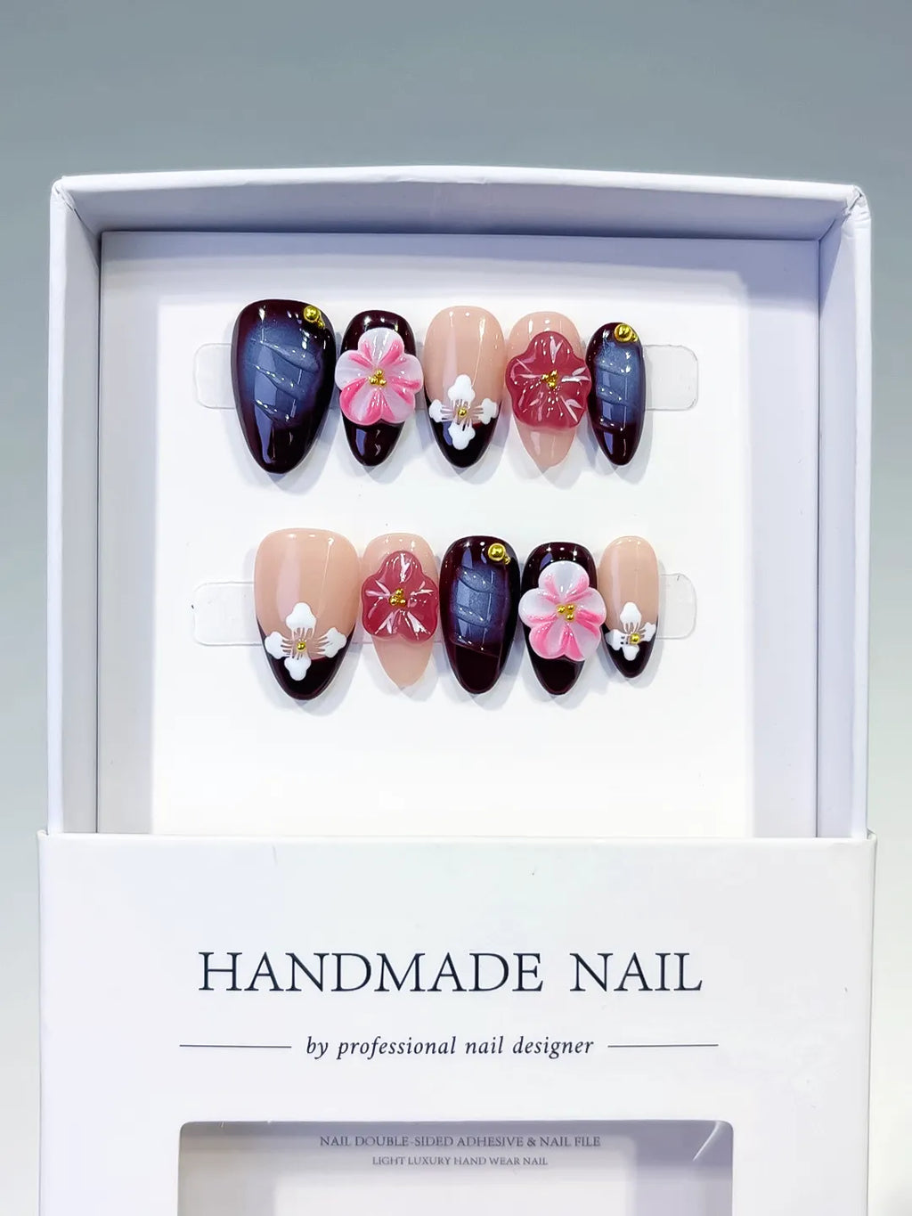 Nude Red Pink Floral Flower Gold Stud press on nails full set view