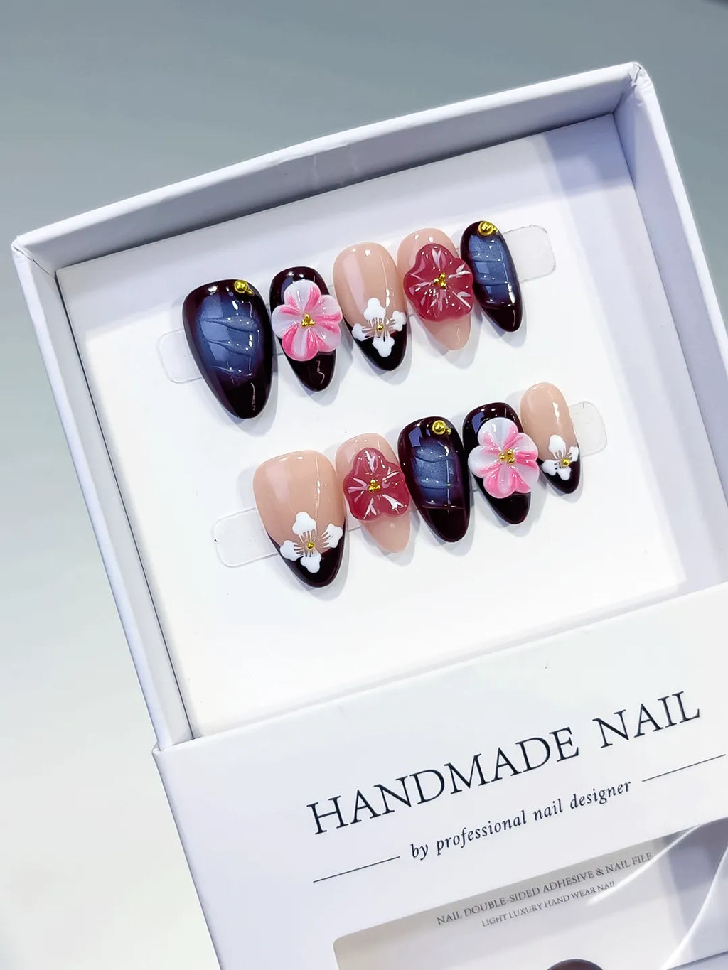 Nude Red Pink Floral Flower Gold Stud press on nails angled view