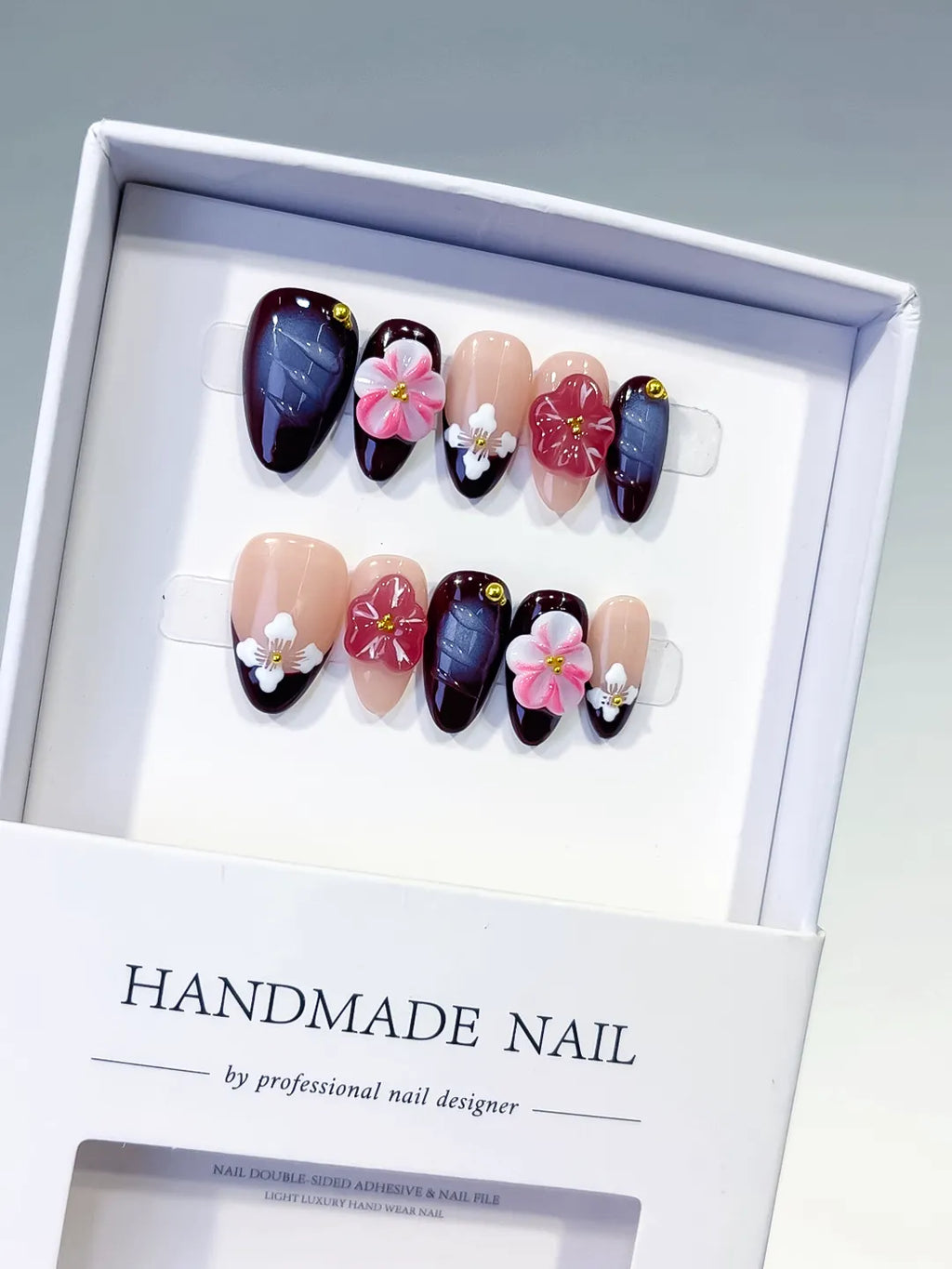 Nude Red Pink Floral Flower Gold Stud press on nails