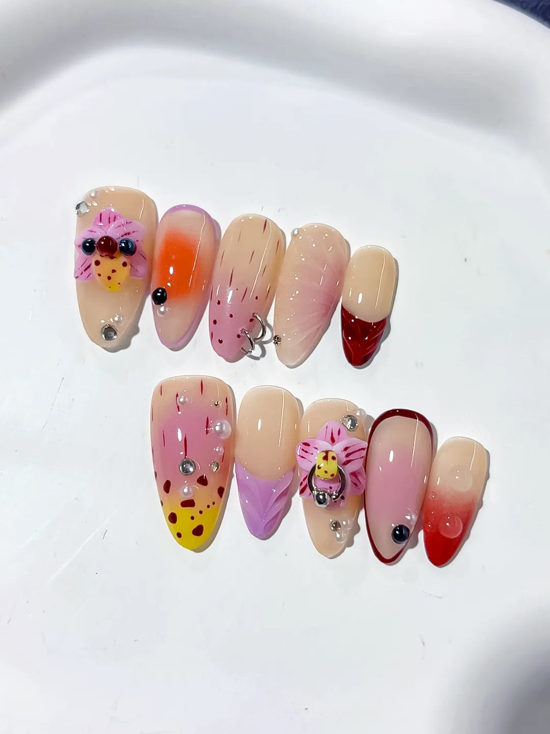 Nude Pink Yellow Red Abstract Bow Ladybug Rhinestone press on nails close up